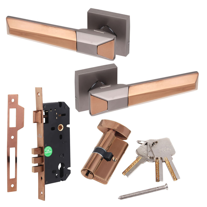 SIMBA : Luxurious Look Mortise Door Lock Handle/Mortise Lock with Brass Lock Body and 60mm Brass Cylinder Set with 3 Brass Computerised Key (Grey and Rose Gold,