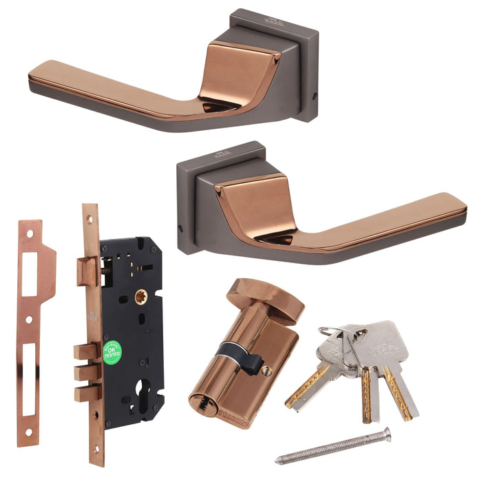 YALE DULEX: Luxurious Look Mortise Door Lock Handle/Mortise Lock with Brass Lock Body and 60mm Brass Cylinder Set with 3 Brass Computerised Key (Grey and Rose Gold,
